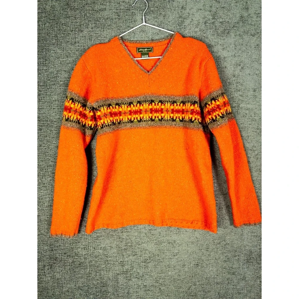 VTG‎ Eddie Bauer Sweater Womens M V Neck Orange Lambswool Aztec Southwestern